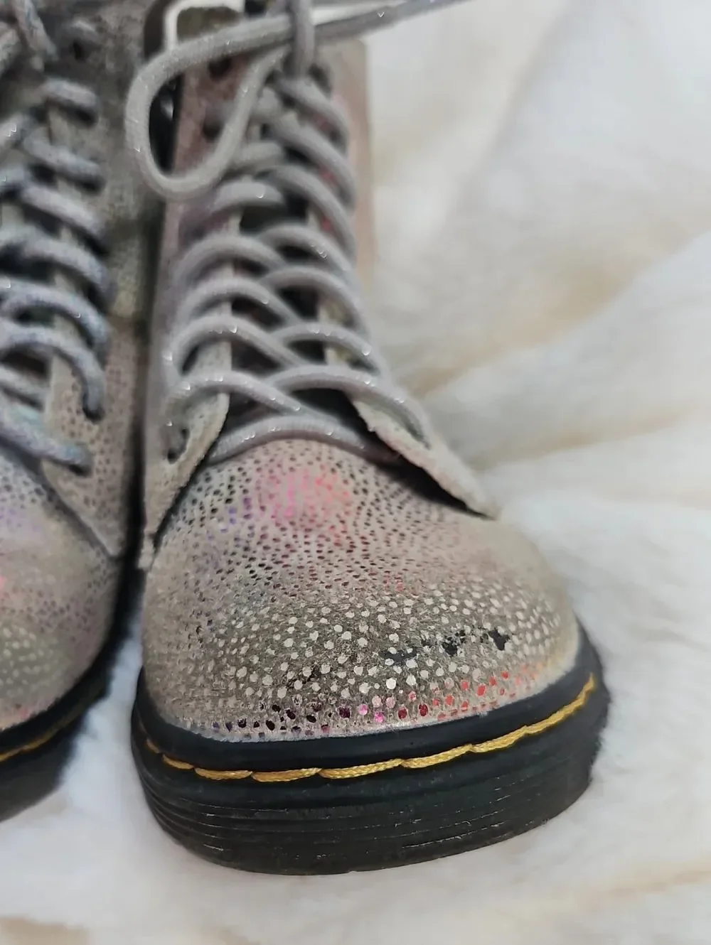 Dr. Martens Kids Iridescent Holographic Lace-Up Boots in Silver and Pastel
